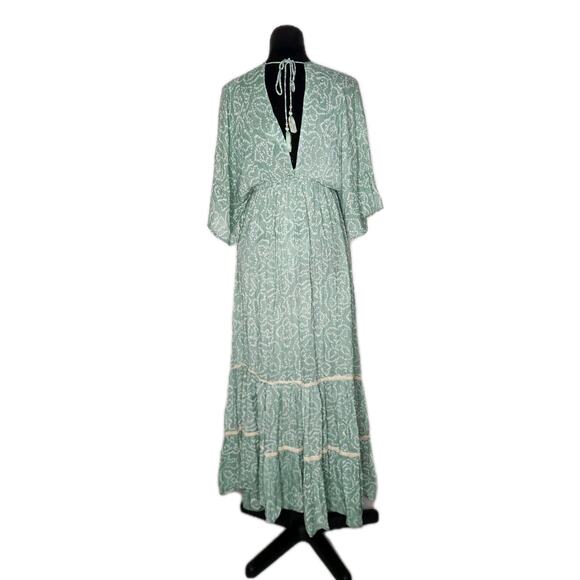 Zury Boho Maxi Dress Sage Green Gold Sequin Embroidered Tassel Tiered OS - Picture 3 of 8